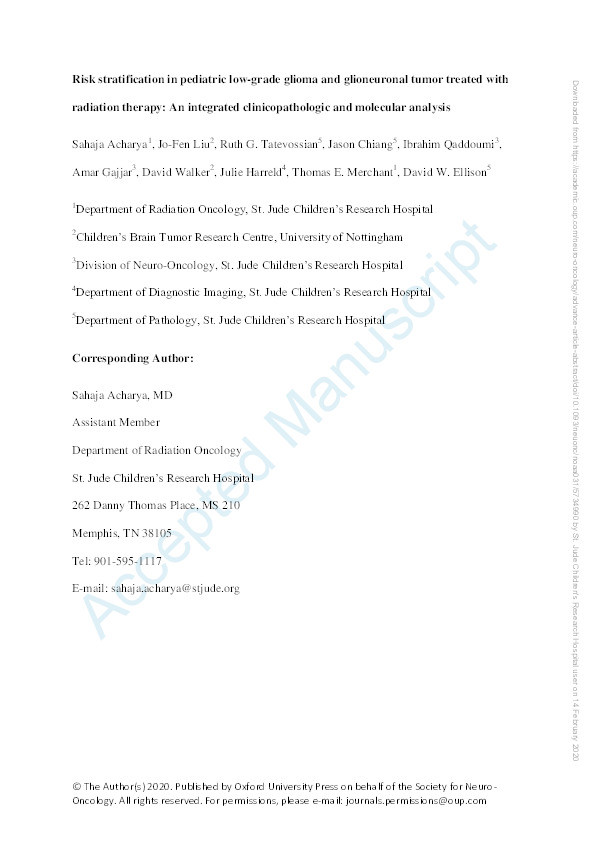 Risk stratification in pediatric low-grade glioma and glioneuronal tumor treated with radiation therapy: An integrated clinicopathologic and molecular analysis Thumbnail