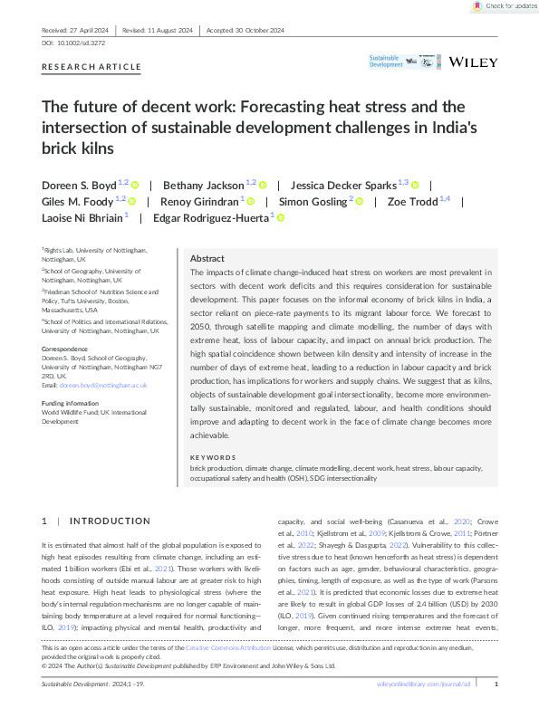 The future of decent work: Forecasting heat stress and the intersection of sustainable development challenges in India's brick kilns Thumbnail