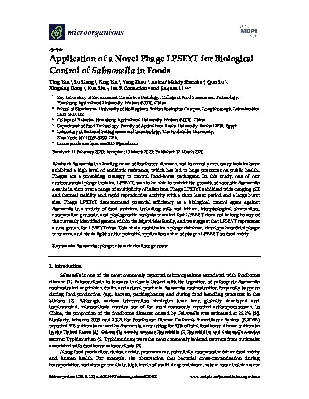 Application of a novel phage LPSEYT for biological control of Salmonella in foods Thumbnail