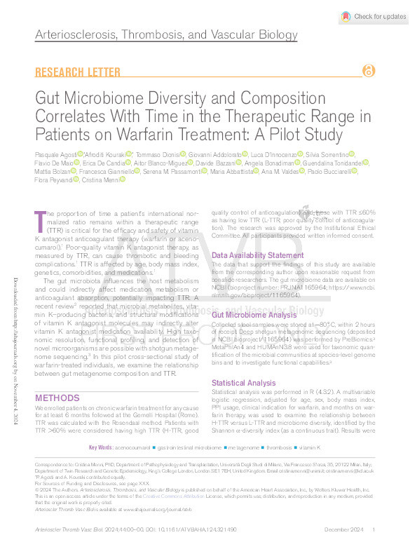 Gut Microbiome Diversity and Composition Correlates With Time in the Therapeutic Range in Patients on Warfarin Treatment: A Pilot Study Thumbnail