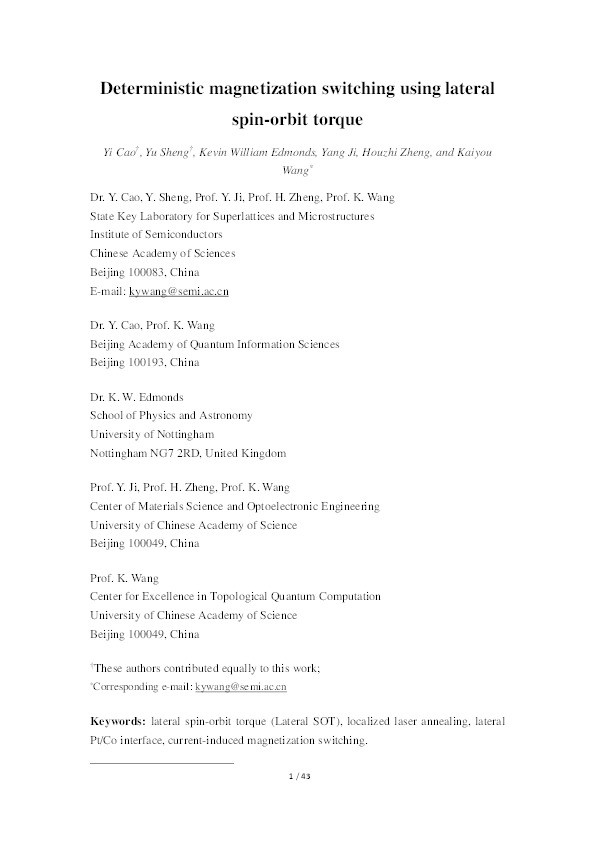 Deterministic Magnetization Switching Using Lateral Spin–Orbit Torque Thumbnail