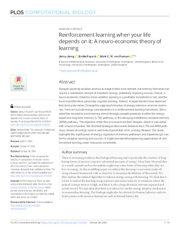 Reinforcement learning when your life depends on it: A neuro-economic theory of learning Thumbnail