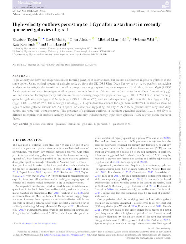 High-velocity outflows persist up to 1 Gyr after a starburst in recently quenched galaxies at z > 1 Thumbnail