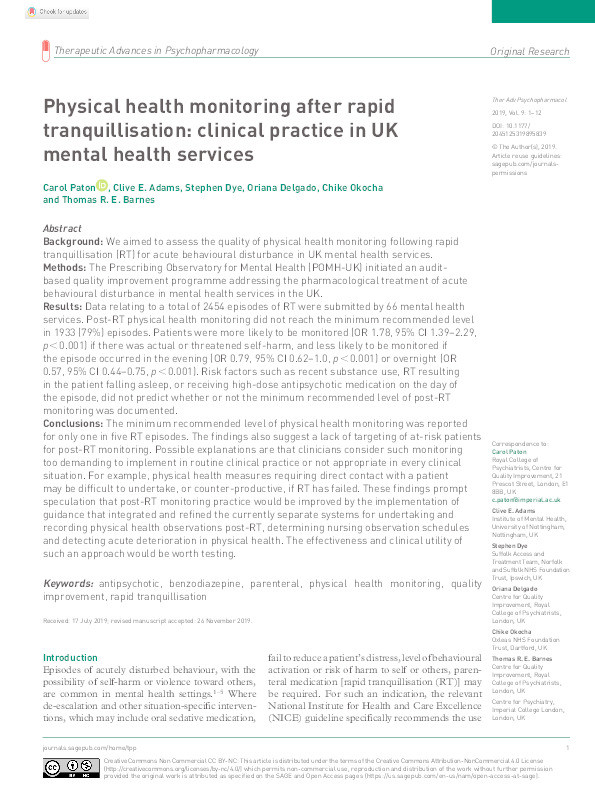 Physical health monitoring after rapid tranquillisation: clinical practice in UK mental health services Thumbnail