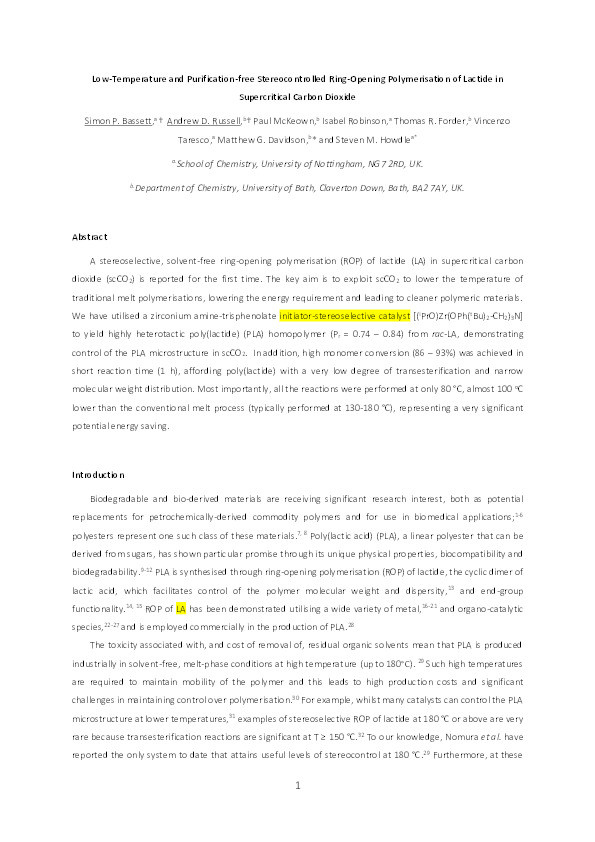 Low-temperature and purification-free stereocontrolled ring-opening polymerisation of lactide in supercritical carbon dioxide Thumbnail