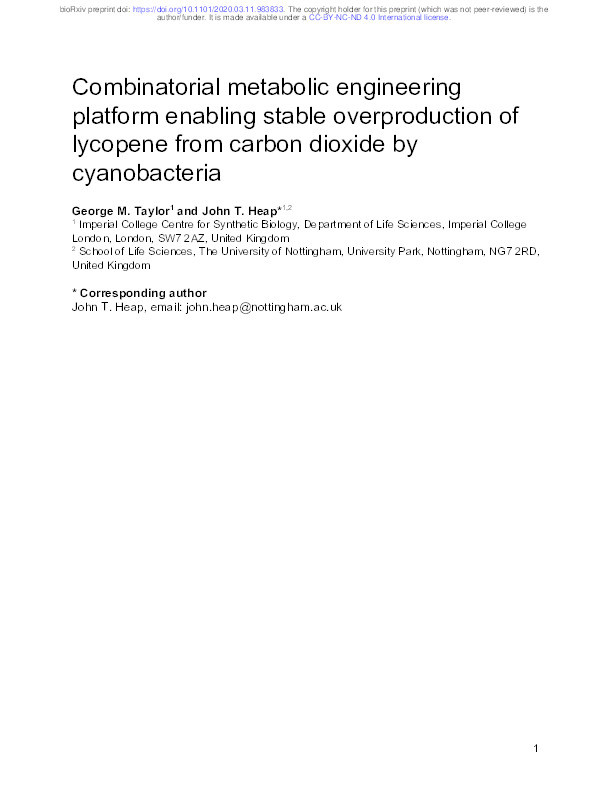 Combinatorial metabolic engineering platform enabling stable overproduction of lycopene from carbon dioxide by cyanobacteria Thumbnail