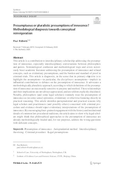 Presumptuous or pluralistic presumptions of innocence? Methodological diagnosis towards conceptual reinvigoration Thumbnail