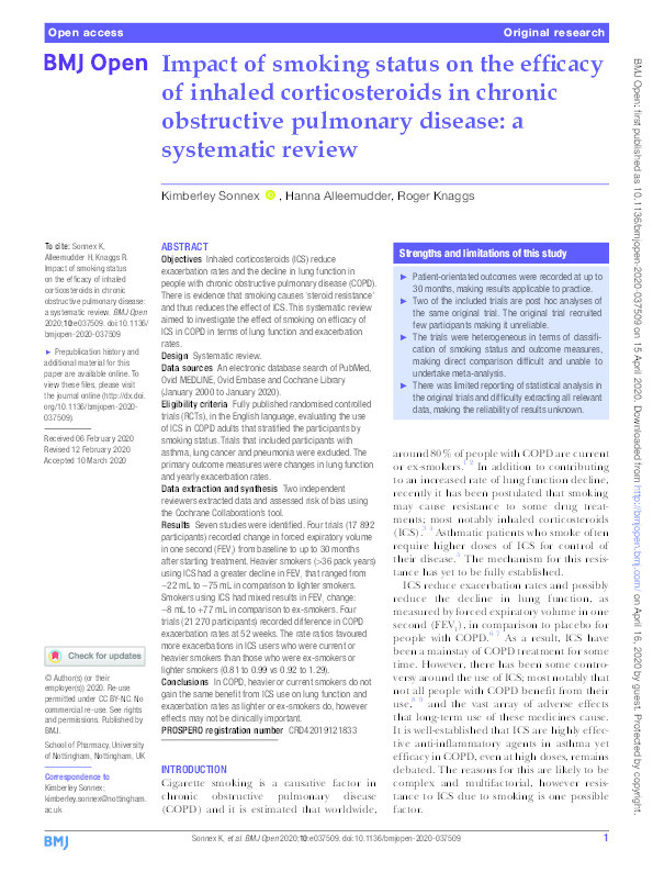 Impact of smoking status on the efficacy of inhaled corticosteroids in chronic obstructive pulmonary disease: a systematic review Thumbnail