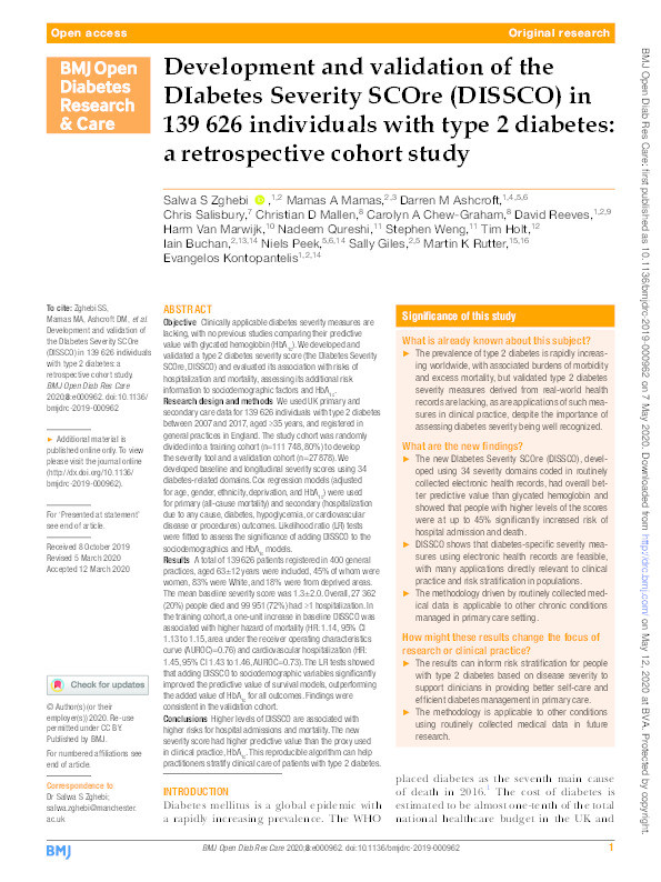 Development and validation of the DIabetes Severity SCOre (DISSCO) in 139 626 individuals with type 2 diabetes: a retrospective cohort study Thumbnail
