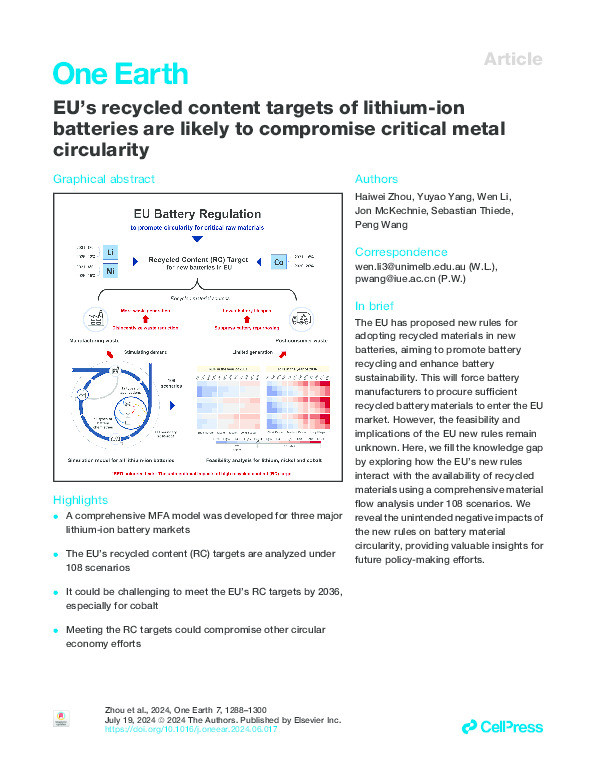 EU’s recycled content targets of lithium-ion batteries are likely to compromise critical metal circularity Thumbnail