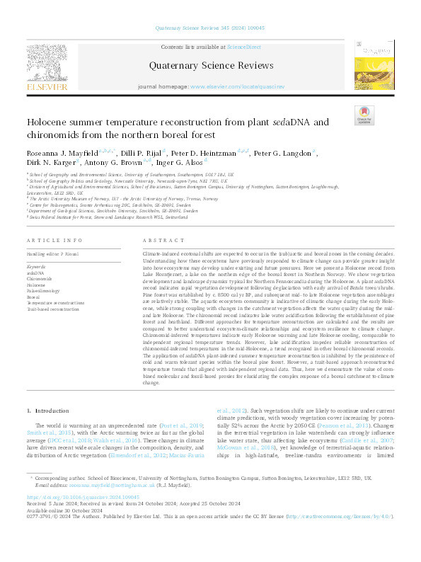 Holocene summer temperature reconstruction from plant sedaDNA and chironomids from the northern boreal forest Thumbnail