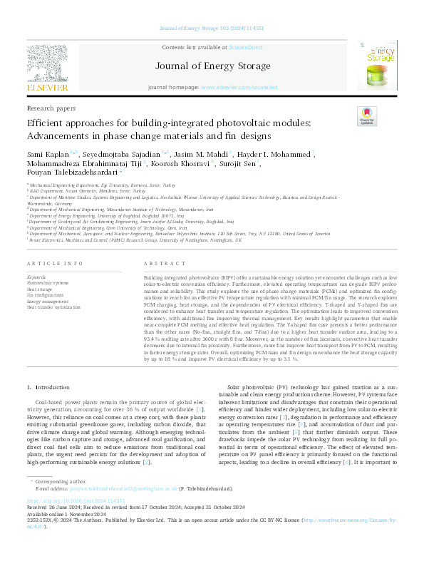 Efficient approaches for building-integrated photovoltaic modules: Advancements in phase change materials and fin designs Thumbnail