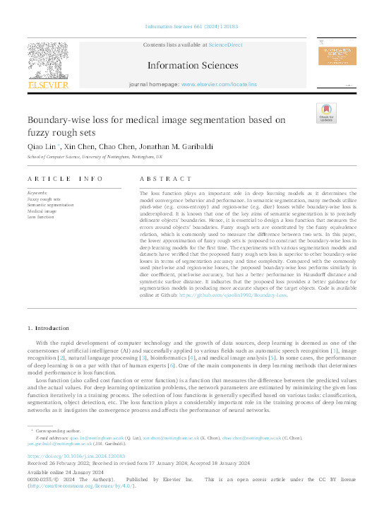 Boundary-wise loss for medical image segmentation based on fuzzy rough sets Thumbnail