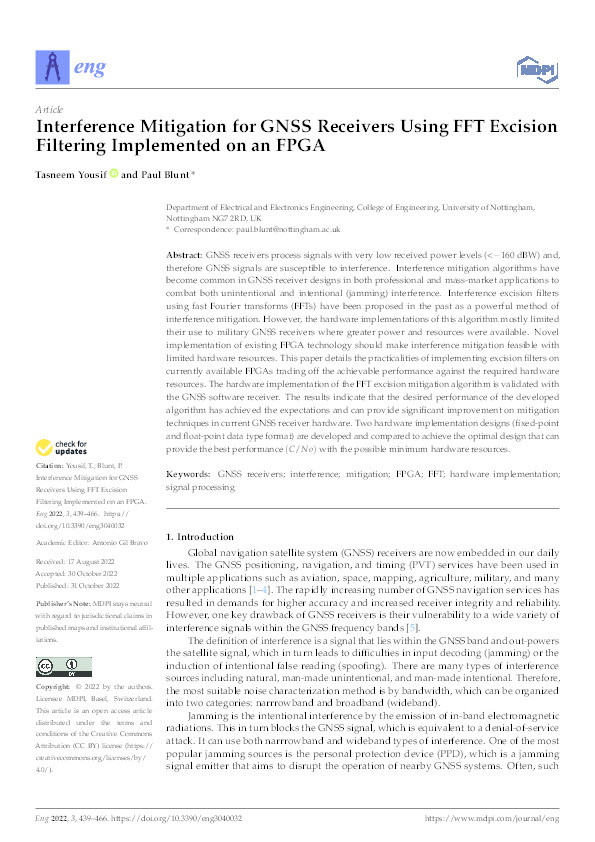 Interference Mitigation for GNSS Receivers Using FFT Excision Filtering Implemented on an FPGA Thumbnail