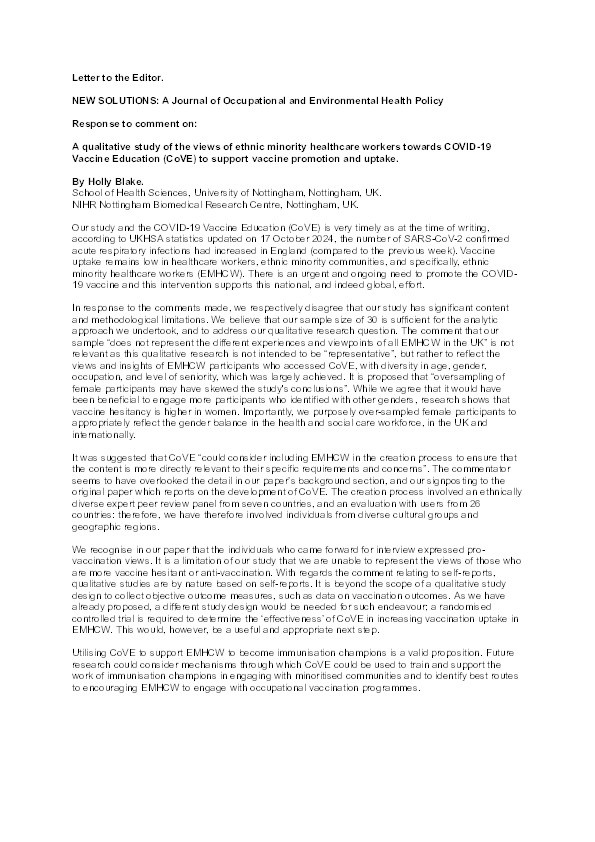 Response to comment on: A qualitative study of the views of ethnic minority healthcare workers towards COVID-19 Vaccine Education (CoVE) to support vaccine promotion and uptake Thumbnail