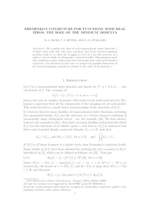 Eremenko's Conjecture for Functions with Real Zeros: The Role of the Minimum Modulus Thumbnail