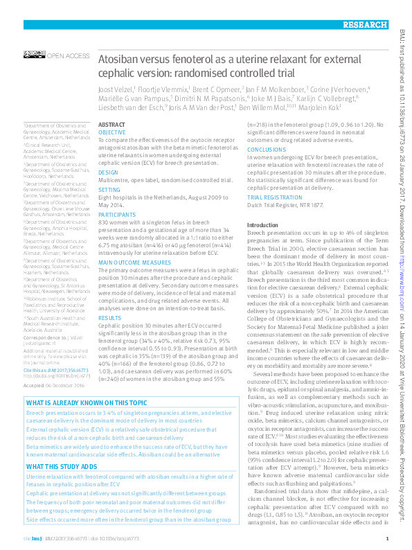 Atosiban versus fenoterol as a uterine relaxant for external cephalic version: randomised controlled trial Thumbnail