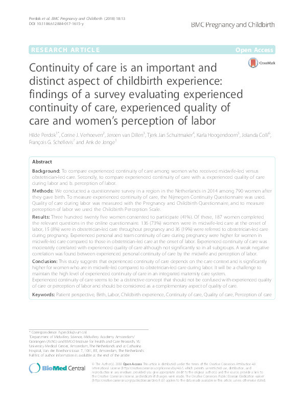 Continuity of care is an important and distinct aspect of childbirth experience: findings of a survey evaluating experienced continuity of care, experienced quality of care and women’s perception of labor Thumbnail