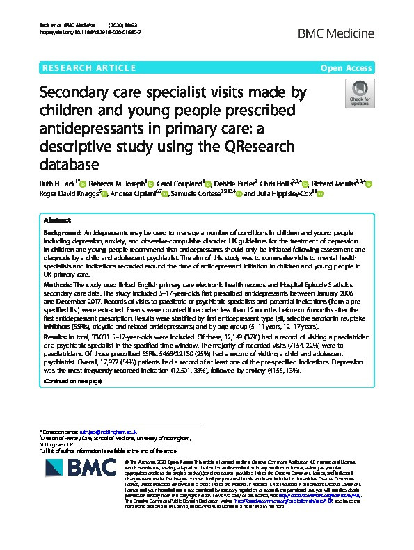 Secondary care specialist visits made by children and young people prescribed antidepressants in primary care: A descriptive study using the QResearch database Thumbnail