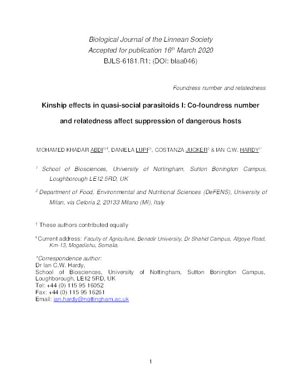 Kinship effects in quasi-social parasitoids I: Co-foundress number and relatedness affect suppression of dangerous hosts Thumbnail