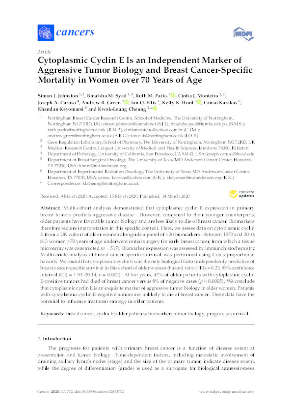 Cytoplasmic cyclin E is an independent marker of aggressive tumor biology and breast cancer-specific mortality in women over 70 years of age Thumbnail