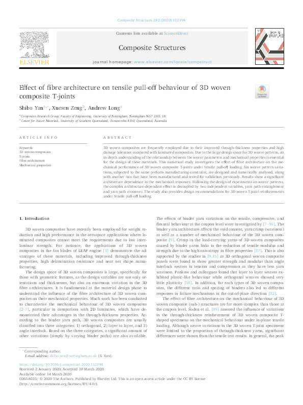 Effect of fibre architecture on tensile pull-off behaviour of 3D woven composite T-joints Thumbnail