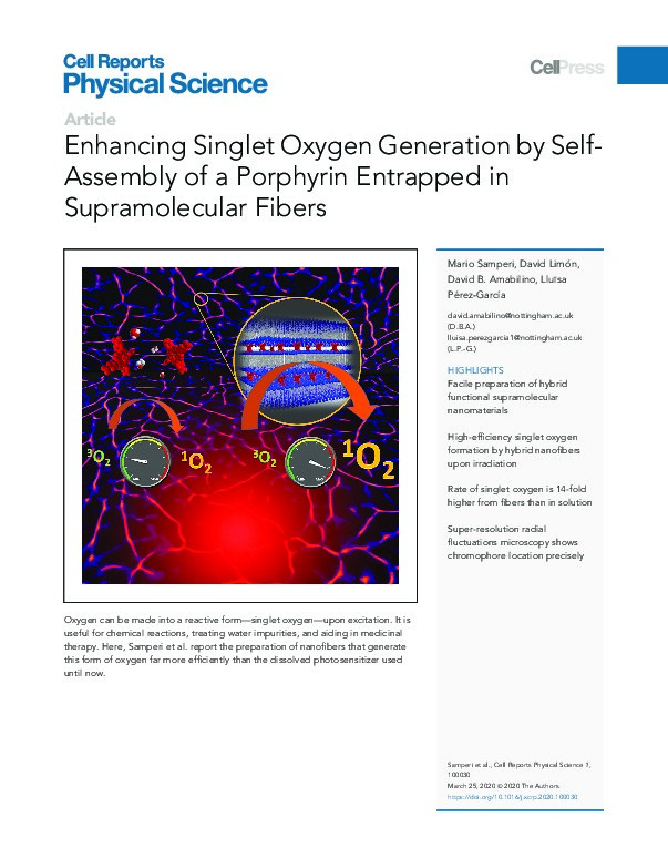 Enhancing singlet oxygen generation by self-assembly of a porphyrin entrapped in supramolecular fibres Thumbnail