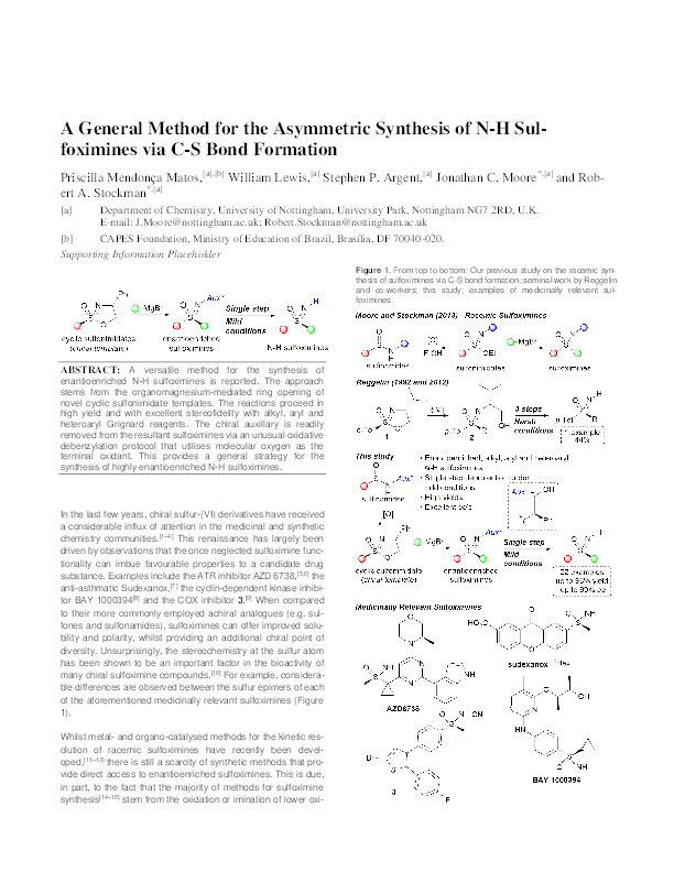 General Method for the Asymmetric Synthesis of N–H Sulfoximines via C–S Bond Formation Thumbnail