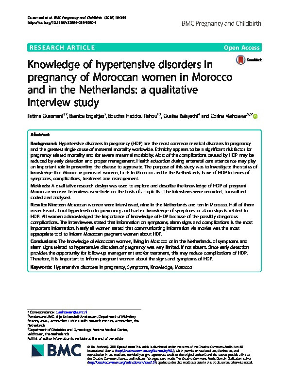 Knowledge of hypertensive disorders in pregnancy of Moroccan women in Morocco and in the Netherlands: a qualitative interview study Thumbnail
