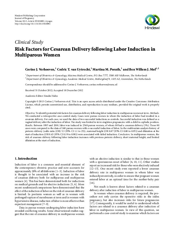 Risk Factors for Cesarean Delivery following Labor Induction in Multiparous Women Thumbnail