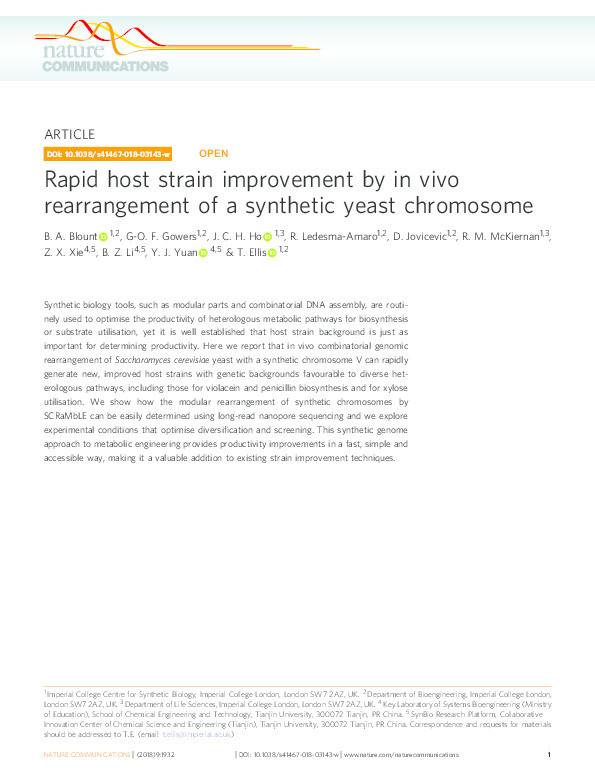 Rapid host strain improvement by in vivo rearrangement of a synthetic yeast chromosome Thumbnail