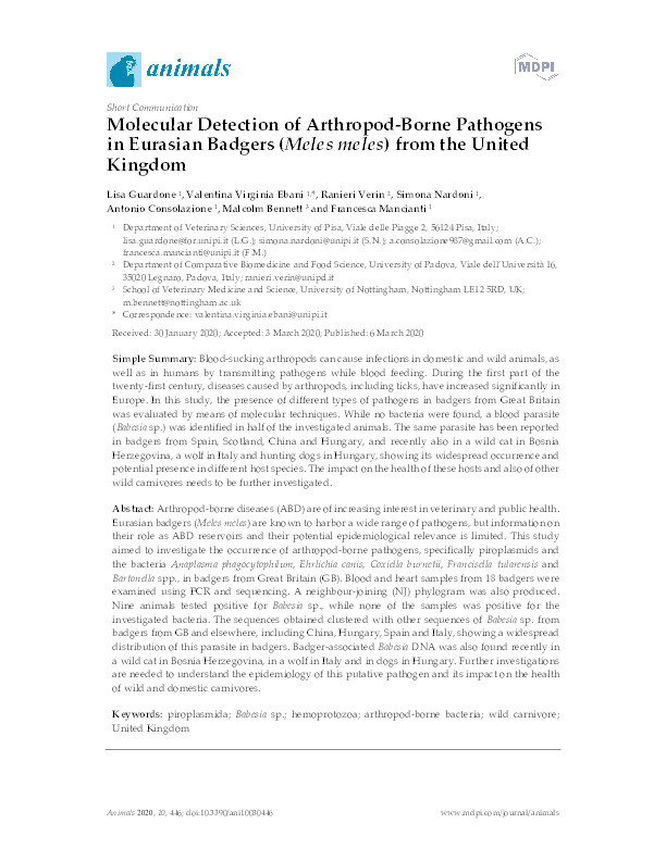 Molecular detection of arthropod-borne pathogens in Eurasian badgers (Meles meles) from the United Kingdom Thumbnail