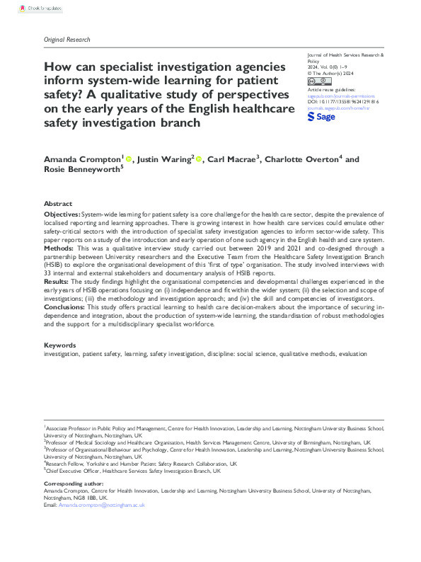 How can specialist investigation agencies inform system-wide learning for patient safety? A qualitative study of perspectives on the early years of the English healthcare safety investigation branch Thumbnail