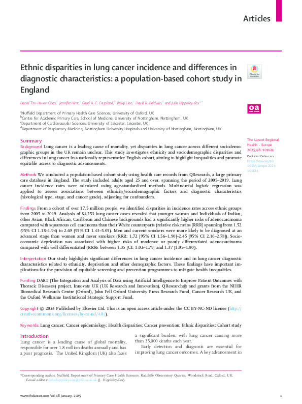 Ethnic disparities in lung cancer incidence and differences in diagnostic characteristics: a population-based cohort study in England Thumbnail