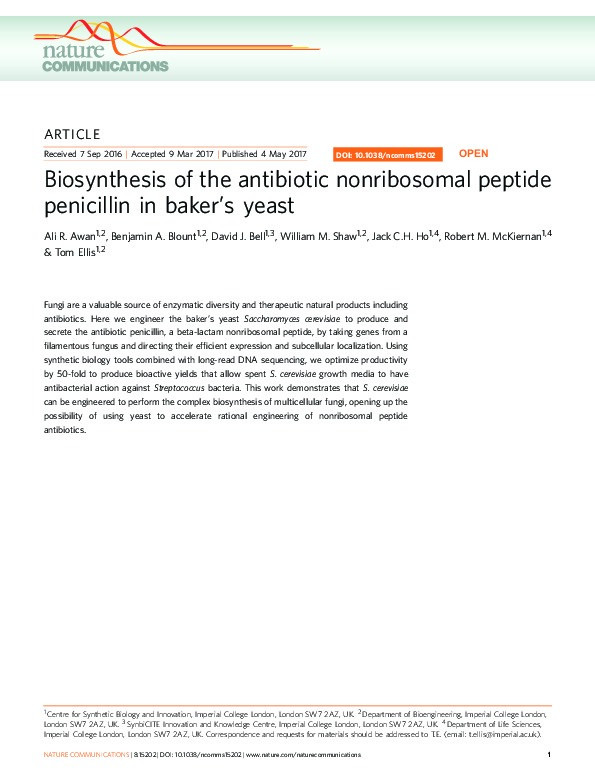 Biosynthesis of the antibiotic nonribosomal peptide penicillin in baker’s yeast Thumbnail