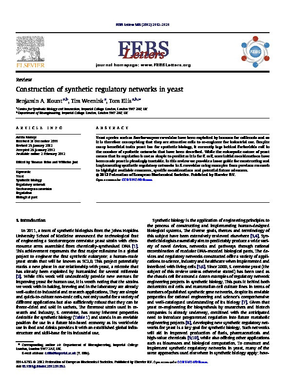 Construction of synthetic regulatory networks in yeast Thumbnail