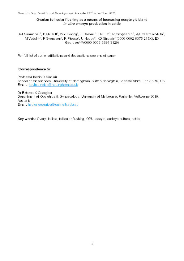 Ovarian follicular flushing as a means of increasing oocyte yield and in vitro embryo production in cattle Thumbnail