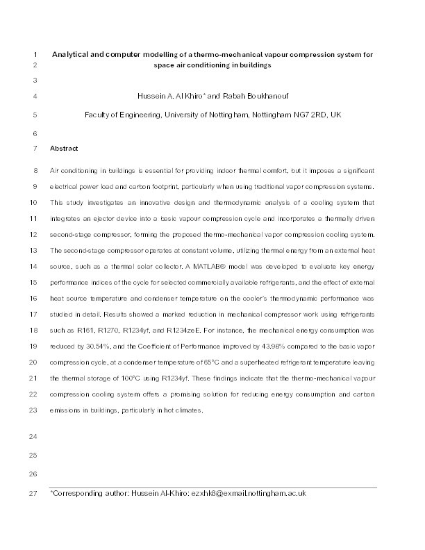 Analytical and computer modelling of a thermo-mechanical vapour compression system for space air conditioning in buildings Thumbnail