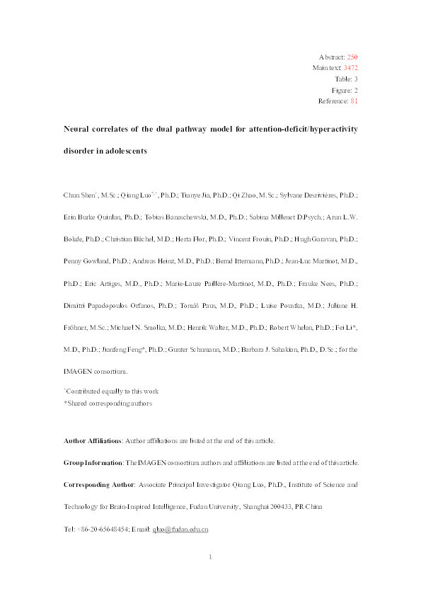 Neural correlates of the dual pathway model for attention-deficit/hyperactivity disorder in adolescents Thumbnail