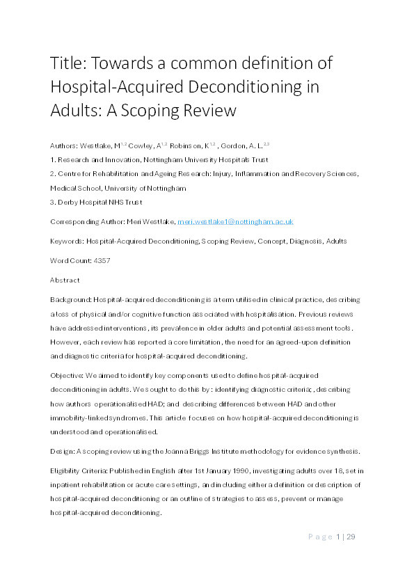 Title: Towards a common definition of Hospital-Acquired Deconditioning in Adults: A Scoping Review Thumbnail