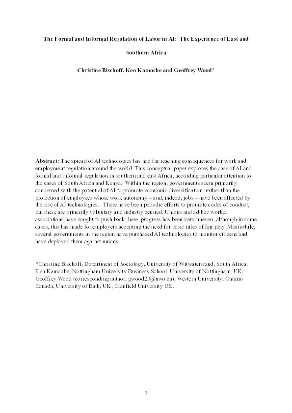 The Formal and Informal Regulation of Labor in AI: The Experience of East and Southern Africa Thumbnail