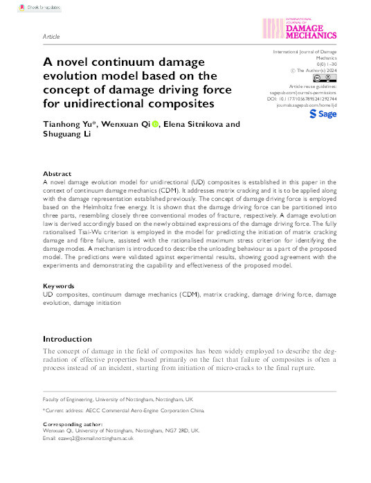 A novel continuum damage evolution model based on the concept of damage driving force for unidirectional composites Thumbnail