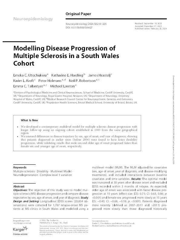 Modelling Disease Progression of Multiple Sclerosis in a South Wales Cohort Thumbnail