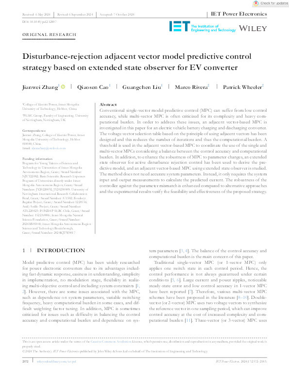 Disturbance‐rejection adjacent vector model predictive control strategy based on extended state observer for EV converter Thumbnail