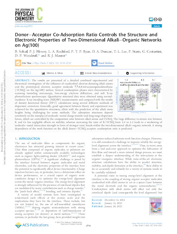 Donor–Acceptor Co-Adsorption Ratio Controls the Structure and Electronic Properties of Two-Dimensional Alkali–Organic Networks on Ag(100) Thumbnail