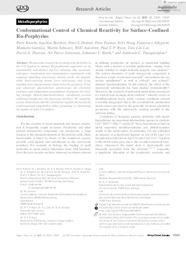 Conformational Control of Chemical Reactivity for Surface‐Confined Ru‐Porphyrins Thumbnail