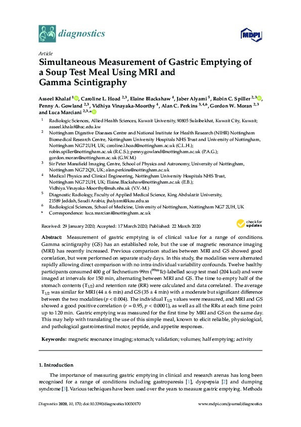 Simultaneous measurement of gastric emptying of a soup test meal using MRI and gamma scintigraphy Thumbnail