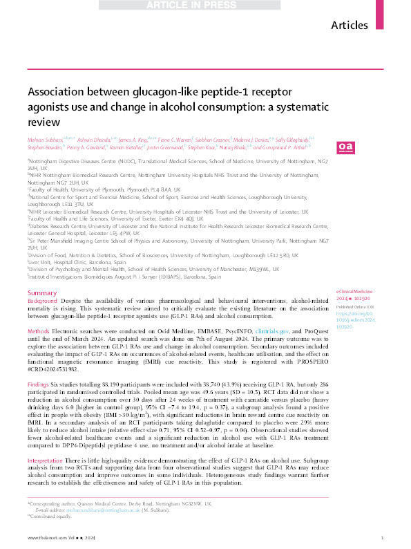 Association between glucagon-like peptide-1 receptor agonists use and change in alcohol consumption: a systematic review Thumbnail