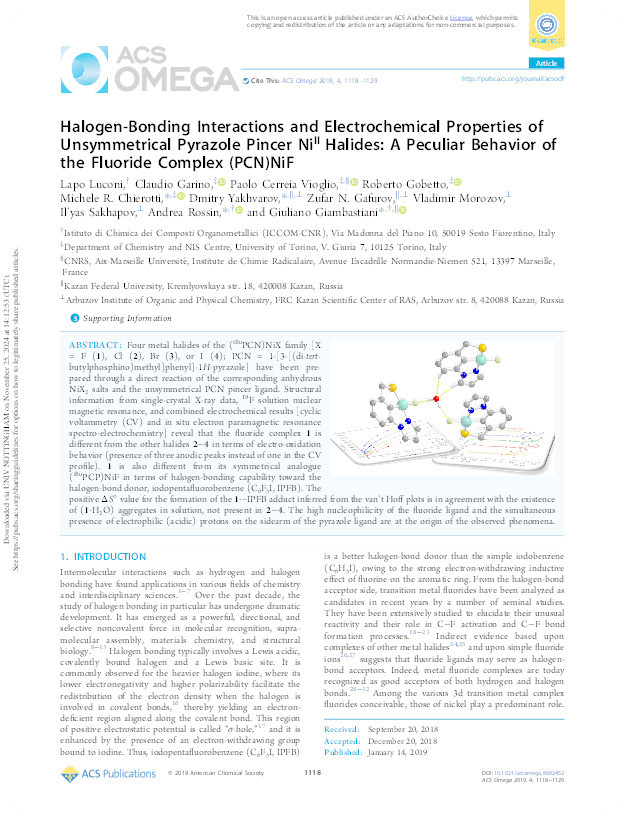 Halogen-Bonding Interactions and Electrochemical Properties of Unsymmetrical Pyrazole Pincer NiII Halides: A Peculiar Behavior of the Fluoride Complex (PCN)NiF Thumbnail