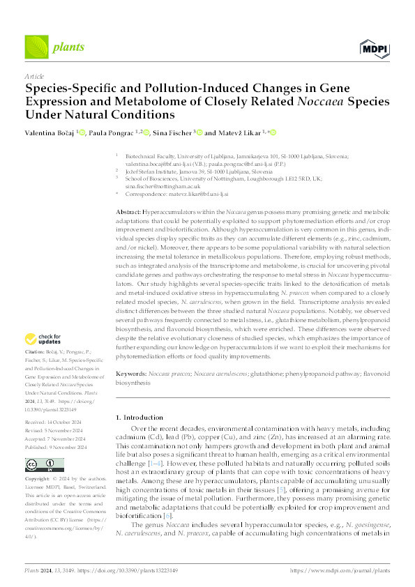 Species-Specific and Pollution-Induced Changes in Gene Expression and Metabolome of Closely Related Noccaea Species Under Natural Conditions Thumbnail